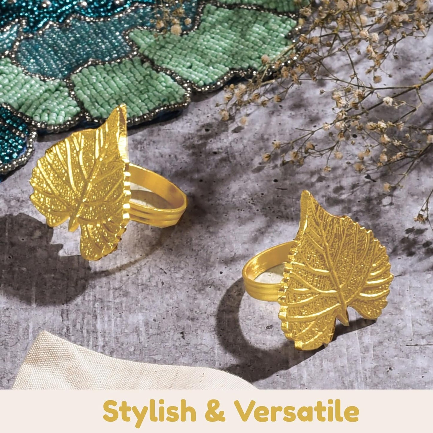 Elegant Handcrafted Leaf Napkin Rings - Set of 12 Premium Aluminum Holders for Dinner Parties, Weddings, Special Occasions & Everyday Dining (Gold) - CLEENTABLE