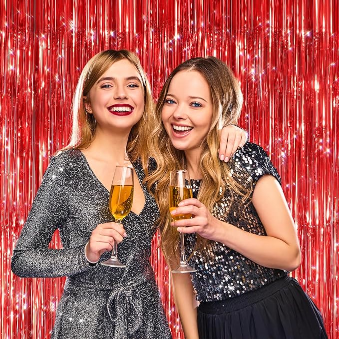 2 Pack Red Metallic Tinsel Foil Fringe Curtains, Door Streamers Photo Booth Backdrop for Birthday Party, Tinsel Curtain Backdrop for Christmas, Wedding, Anniversaries, Valentines Day Decorations