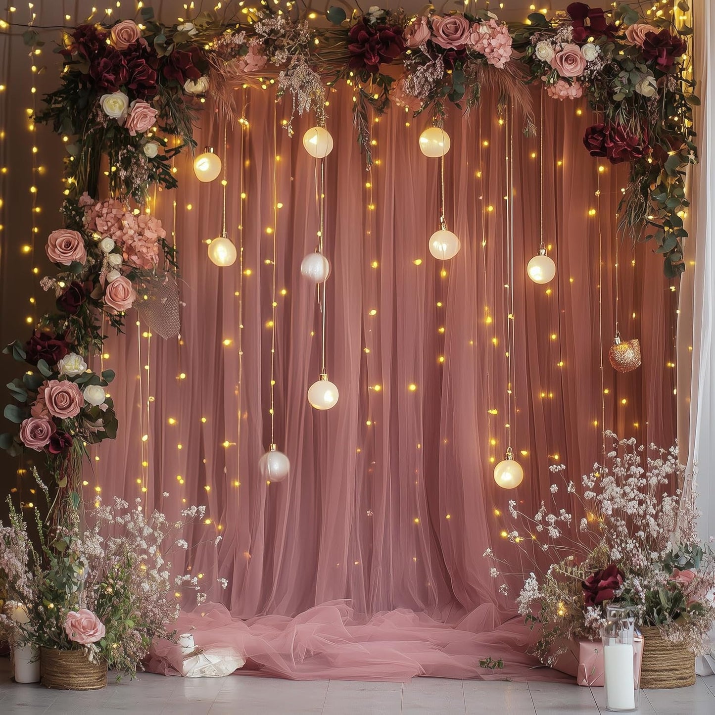 Fomcet Dusty Rose Tulle Backdrop Curtains with Lights String 10FT X 8FT Sheer Curtain with Lights Tulle Curtains Backdrop for Wedding Birthday Party Photo Shoot (2 Panels 5x8FT)
