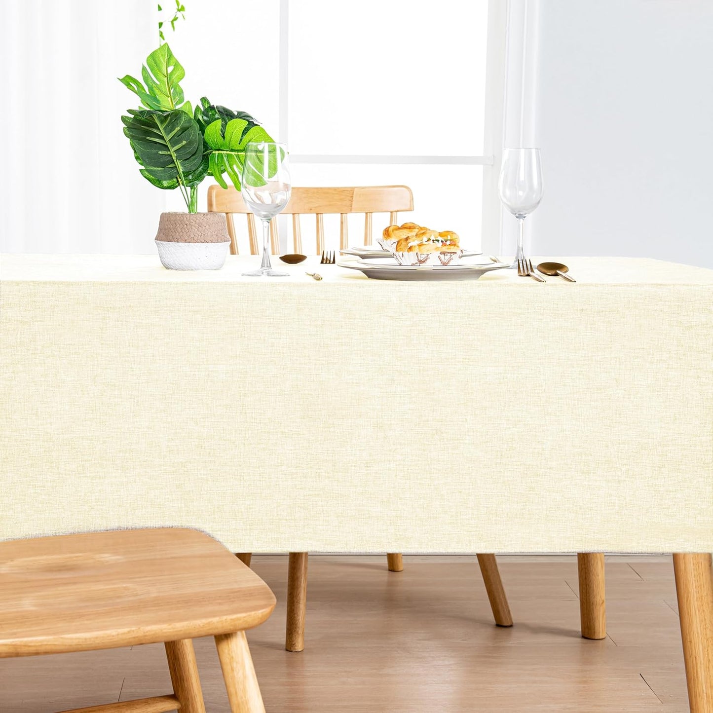 Hiasan 2 Pack Faux Linen Rectangle Tablecloth - Wrinkle and Stain Resistant Washable Table Cloth for Kitchen Dining Room Holiday Dinner, Champagne, 70 x 90 Inch