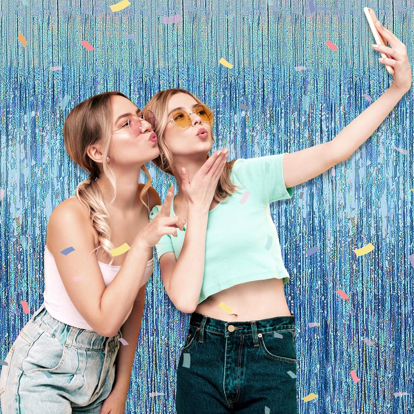 3 Pack Light Blue Foil Fringe Curtain Backdrop, 3.28Ft x 8.2Ft Metallic Tinsel Foil Fringe Streamer Curtains for Photo Booth, Mother's Day, Easter, Birthday, Wedding Party Decorations