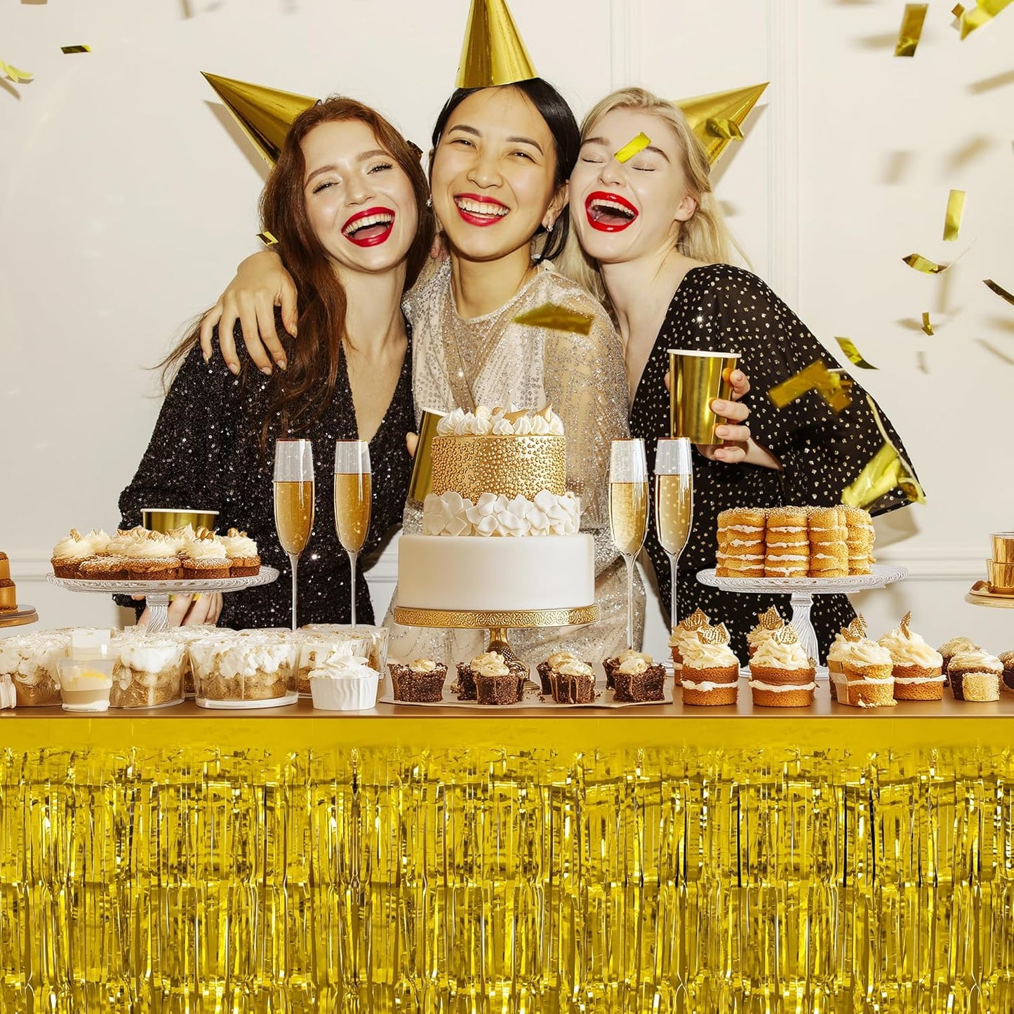 3 Pack Red Green Gold Table Skirts, 29x108" Metallic Foil Tinsel Fringe Table Skirt for Rectangle Tables Streamer Curtains Backdrop, Party Decorations for Birthdays, Weddings, Holidays