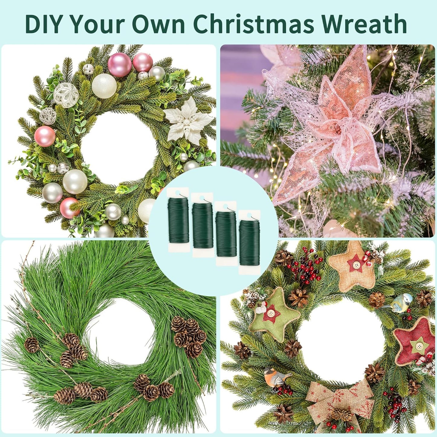 4 Rolls Green Floral Wire - 152 Yards, 22 Gauge, Flexible, for Flower Arrangement, Garland, Wreaths, Plant Crafts