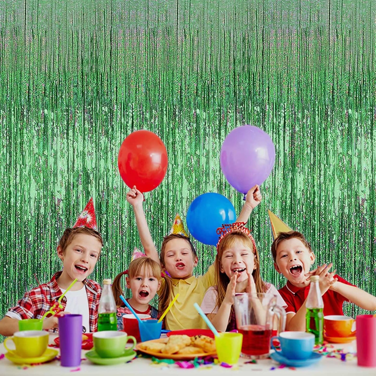 4 Pack Light Green Tinsel Foil Fringe Curtain Backdrop, 3.28Ft x 8.2Ft Metallic Streamers for Photo Booth Props Wedding Bridal Shower Bachelorette Birthday Halloween Christmas Party Decoration