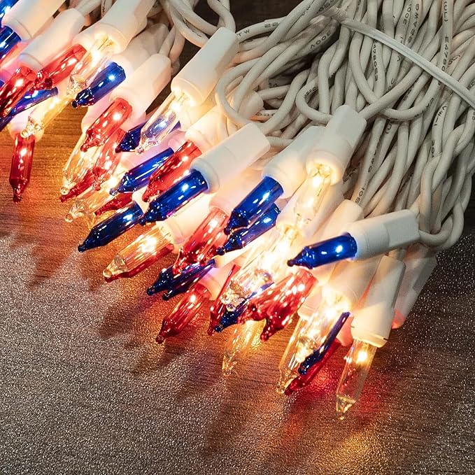 TW SHINE Red White and Blue 4th of July Lights, 20FT 100 Count Incandescent Patriotic Mini String Lights, Waterproof Independence Day Decorations for Outdoor Indoor Christmas Party Decor