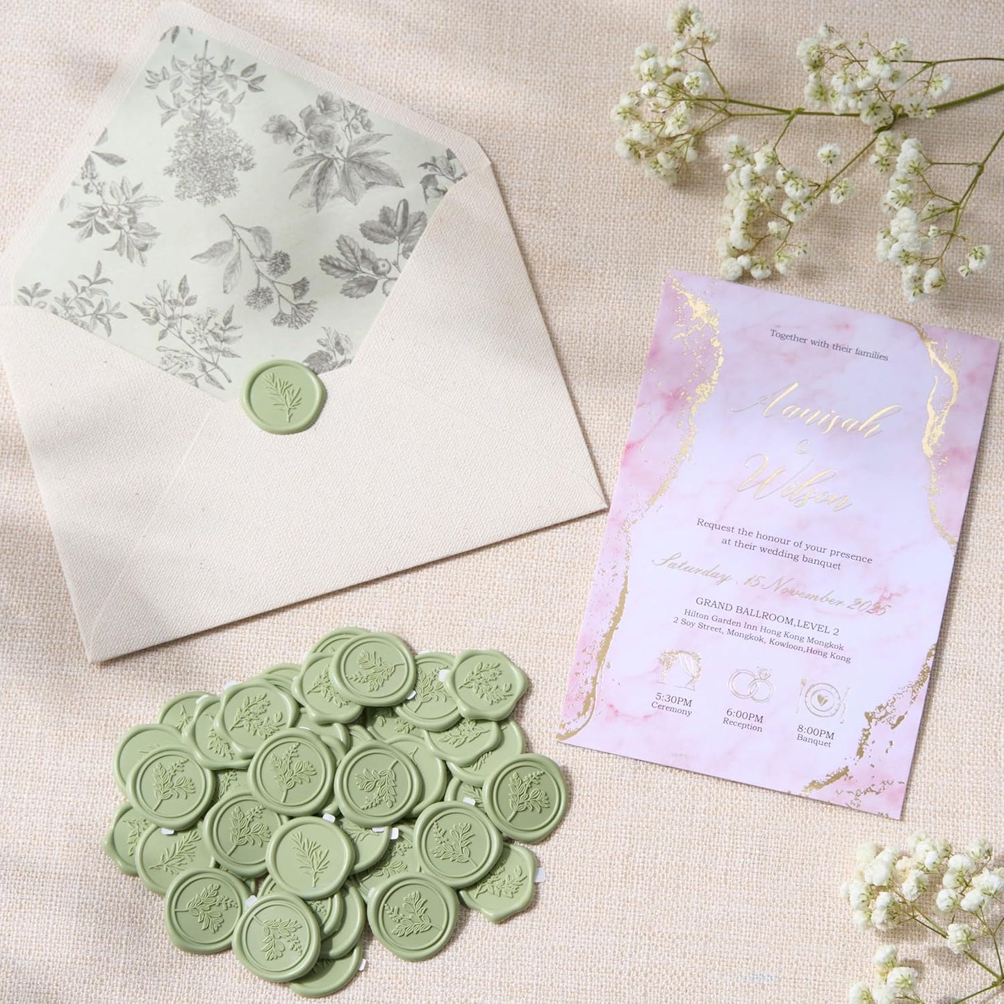 Sage Green Wax Seal Stickers (60 Pcs, 3 Designs in 1 Pack) Premium Envelope Seal Stickers Wedding Invitation Envelopes, Adhesive Wax Seals Perfect for Seating Chart, Gift Wrapping