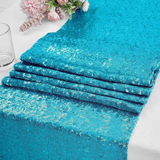 6 Packs 12 x 72 inches Turquoise Sequin Table Runner, Glitter Runner for Birthday Party Supplies Decorations Wedding Bachelorette Holiday Celebration Bridal Shower Baby Shower