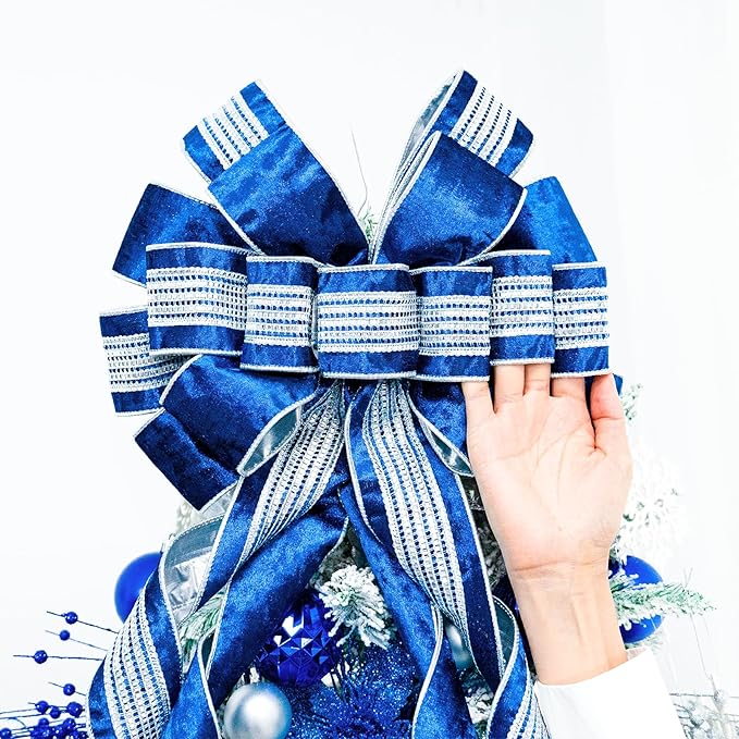 Christmas Tree Topper Bow,53 x 13 Inches Velvet Large Christmas Bow Decor with Long Glittering Streamer Line,Xmas Decorations for Tree Wreath Door Festival Home(Blue & Silver Line)