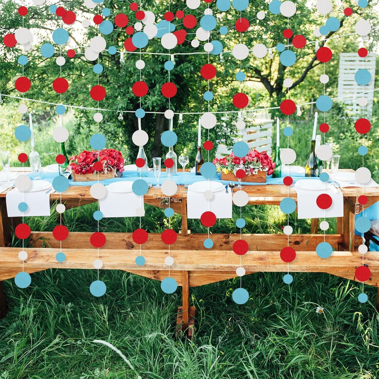 Outus 10 Pieces Colorful Dots Paper Garland Round Glitter Garland Hanging Confetti Streamers Backdrop for Candy Birthday Classroom Halloween Trunk or Treat Car Decoration (Light Blue,White,Red)