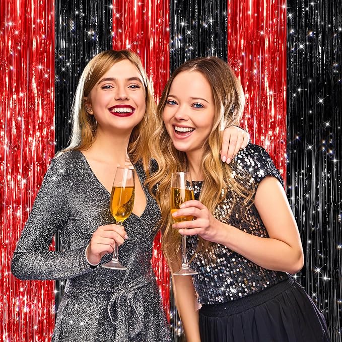 2 Pack Black Red Metallic Tinsel Foil Fringe Curtains, Door Streamers Photo Booth Backdrop for Birthday Party, Tinsel Curtain Backdrop for Baby Shower Bachelorette Christmas Party Decorations