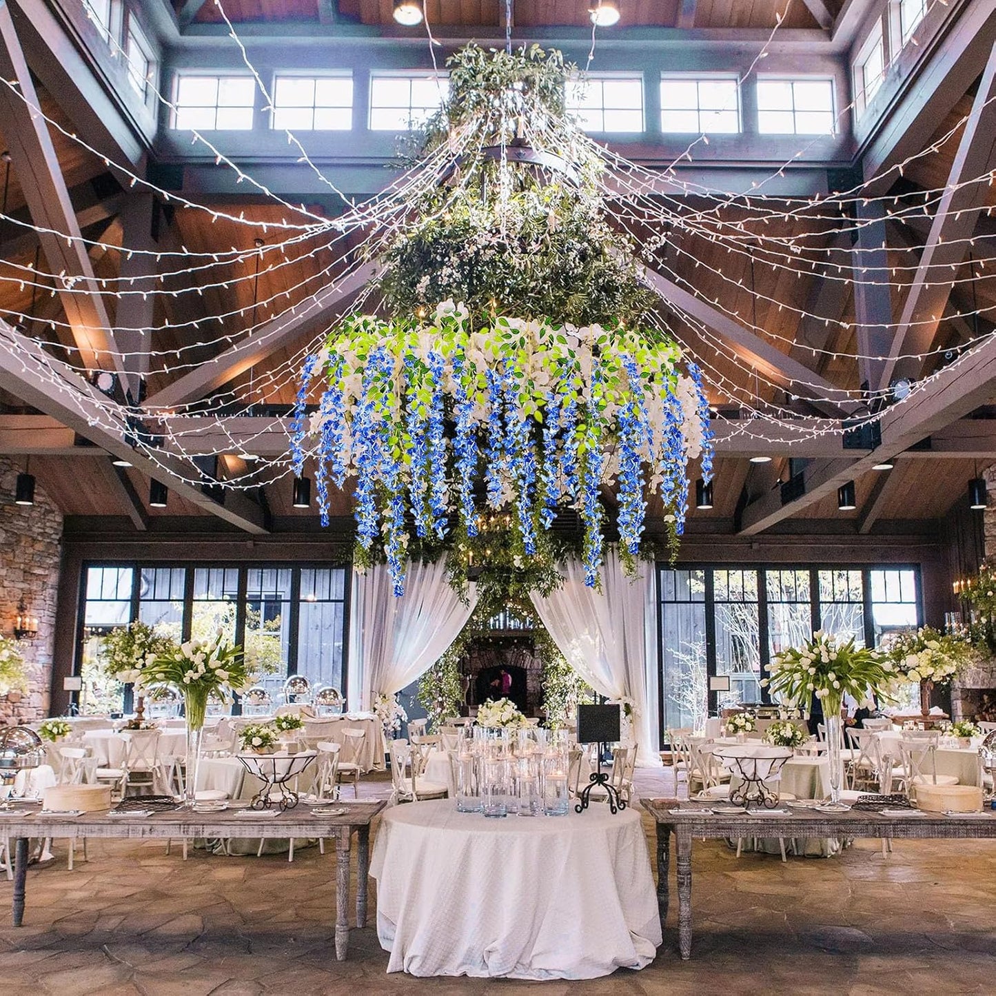 12 Pack Royal Blue Wisteria Hanging Flowers Garland with Lights, 3.44 Feet Artificial Flower Vines, Fake Wisteria, Artificial Vines Hanging Garland for Backdrop Outdoor Patio Garden Decor