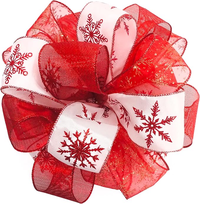 Christmas Tree Topper Bow - Bow: 11" sq. - Tails: 3 Yards Long Each - Red Snowflake