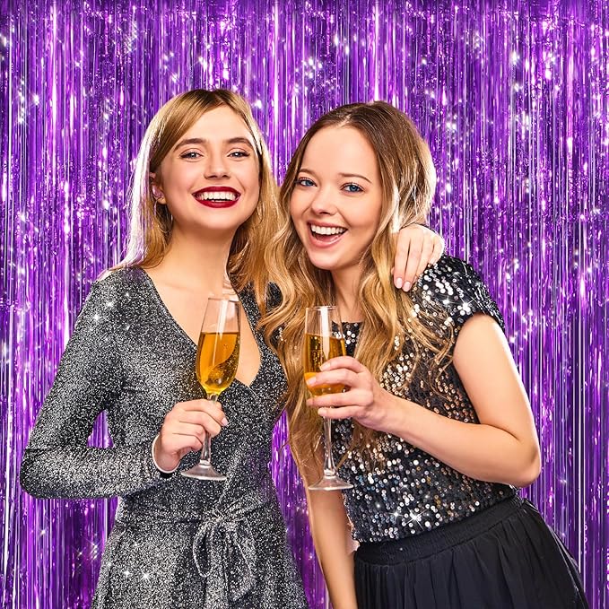 2 Pack Purple Metallic Tinsel Foil Fringe Curtains, Door Streamers Photo Booth Backdrop for Birthday Party, Tinsel Curtain Backdrop for Baby Shower Bachelorette Christmas Party Decorations