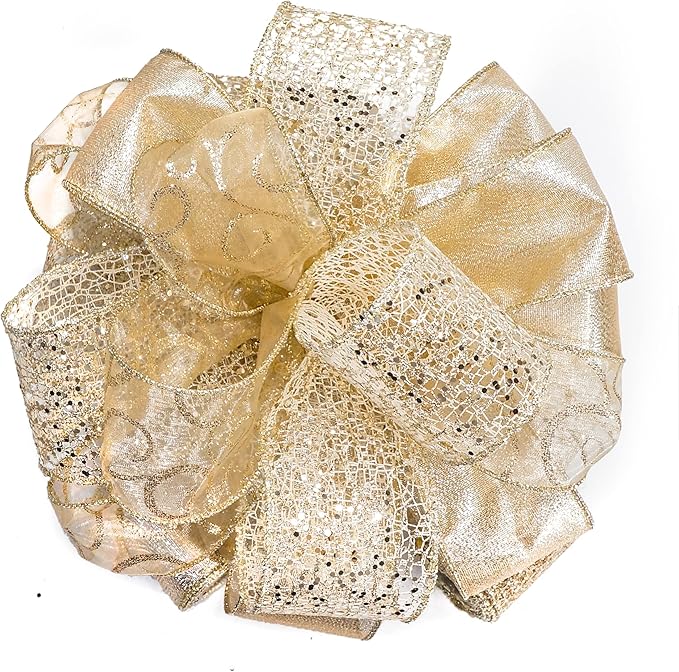 CT CRAFT LLC Champagne Gold Swirl Christmas Tree Topper Bow 11" with 4 Ribbon Streamers x 3 Yards Long Each for Holidy Elegant Fancy Home Décor Indoor