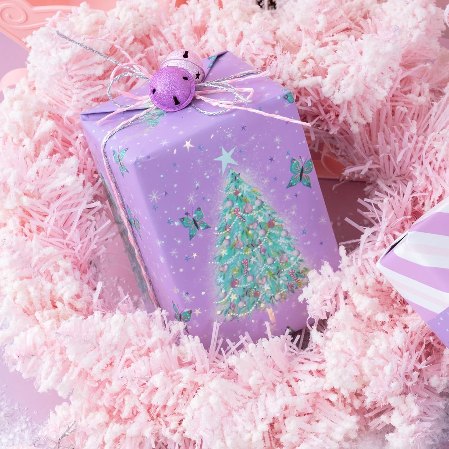 LeZakaa Christmas Purple Wrapping Paper Mini Roll, Christmas Tree Butterfly, Pink Purple Stripe Reversible Design for Winter Holiday Family Gathering, 17 inches x 32.8 Feet