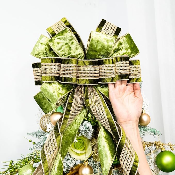 Christmas Tree Topper Bow,53 x 13 Inches Velvet Large Christmas Bow Decor with Long Glittering Streamer Line,Xmas Decorations for Tree Wreath Door Festival Home(Olive Green & Gold Line)