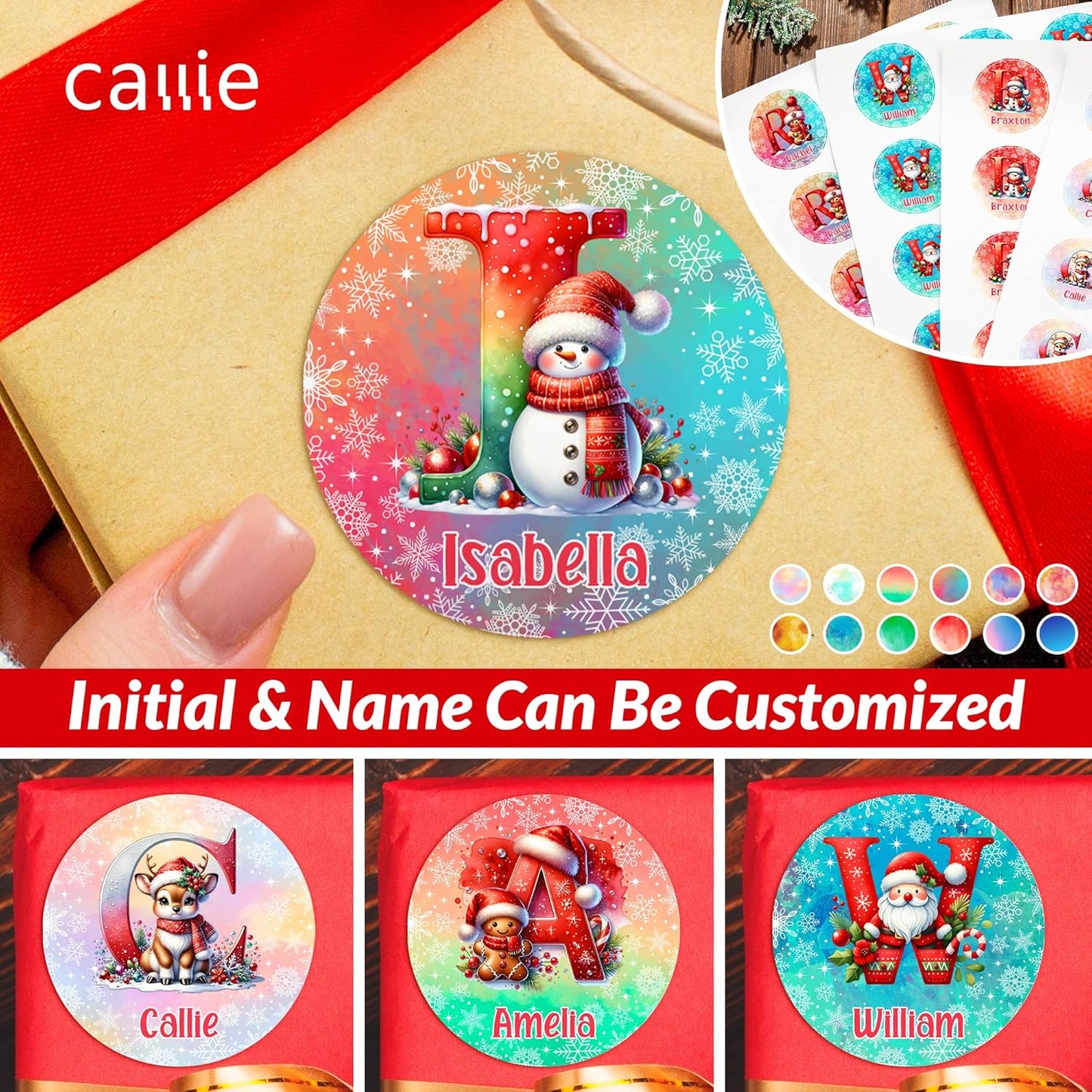 callie Personalized Christmas Stickers - Custom Name & Initial, 1.97 Inch Cute Elk Santa Penguin Design Merry Christmas Stickers Labels for Envelopes Seals Crafts Cards Gifts (30PCS)