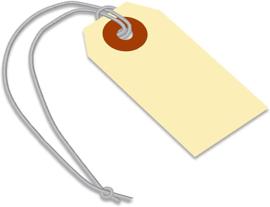 SmartSign Blank Manila Shipping Tags with Elastic Strings - Pack of 250, Size-1, 13pt Thick Pre-Strung Cardstock Tag, 2.75 x 1.375 inch, Paper Hang Tags with Reinforced Fiber Patch