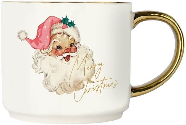 Sweet Water Decor Santa Coffee Mug, 14oz China Christmas Mug with Gold Handle, Large Holiday Winter Cup for Coffee, Tea & Hot Chocolate, Stocking Stuffer Gifts for Women