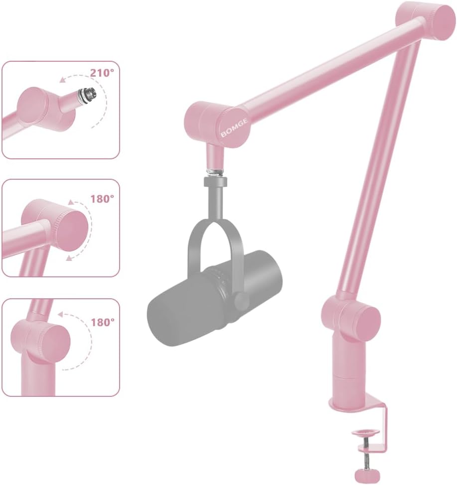 BOMGE Boom Arm Mic Stand - Adjustable Heavy Duty Suspension Boom Scissor Arm Stand with Cable Management Channels, Desk Clamp for Podcasts, Streaming, Gaming, Home Office, Recording (Pink)