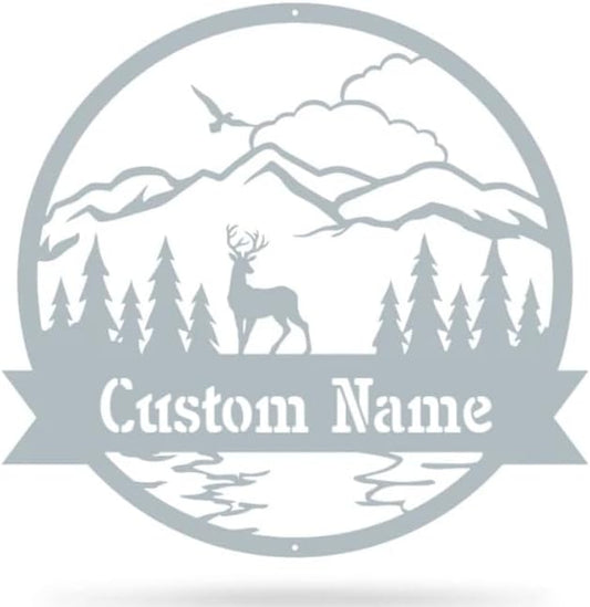 RealSteel Personalized Outdoor Metal Sign, Customize the Great Outdoor Deer & Mountain Monogram, Rustic Cabin, Lodge, or Home Décor, Laser Cut Steel Wall Art, Family Gifts