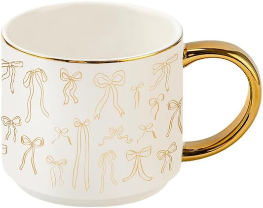 Sweet Water Decor Gold Bows Mug, 14oz Fine Bone China Coquette Tea Cup for Hot & Cold Drinks, Cute Coffee Mug with Golden Bow Patterned Design, Gold Handle & Rim, Gifts for Women