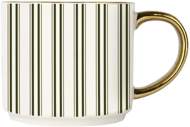 Sweet Water Decor Green Stripe Coffee Mug, 14oz China Christmas Mug with Gold Handle, Large Holiday Winter Cup for Coffee, Tea & Hot Chocolate, Stocking Stuffer Gifts for Women