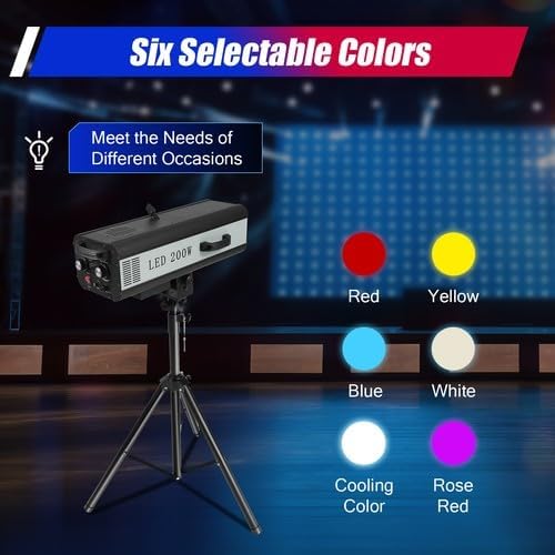 200W LED Stage Spotlight with Tripod, Manual Professional Follow Spot Light with 6 Colors, Portable Theater Lights DJ Lighting for Wedding Party, DJ Show, Theater, Ship in 2 Packages (200, Watts)