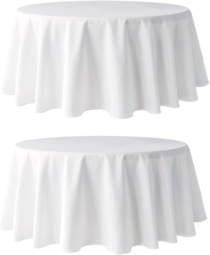 Pomp White 120" Inch Round Premium Polyester Tablecloth (2Pack) | Wrinkle + Stain Resistant Easy Care Fabric | Fits Round or Circle Table