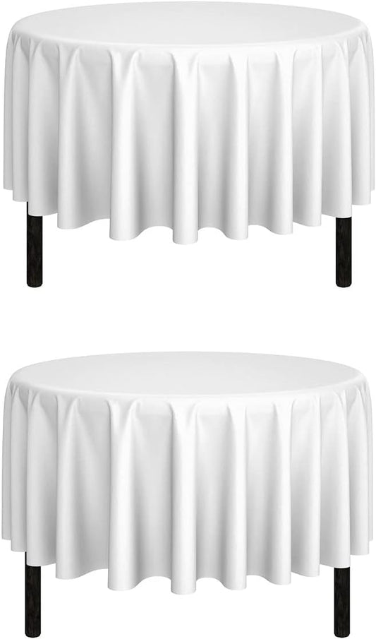 Pomp White 90" Inch Round Premium Polyester Tablecloth (2Pack) | Wrinkle + Stain Resistant Easy Care Fabric | Fits Round or Circle Table
