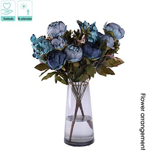Kimura's Cabin Fake Peonies 2Bouquets Faux Silk Flower Vintage Artificial Peony Face Flowers Arrangement Bouquets for Home Table Centerpieces Wedding Party Decoration (Deep Lake Blue)