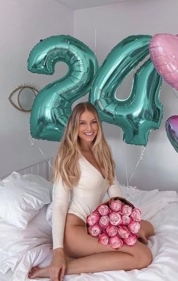 40 Inch Teal Blue Large Number 4 Balloons, Giant Foil Number Four 14 24 34 40 44 Balloons, Teal Blue Mylar Big Balloon for Anniversary Graduation Decorations