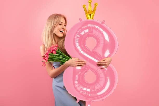Pink 40 Inch Number Balloon (5) with Crown, Unique Foil Design, Reusable, for Birthday Party, Wedding, Anniversary