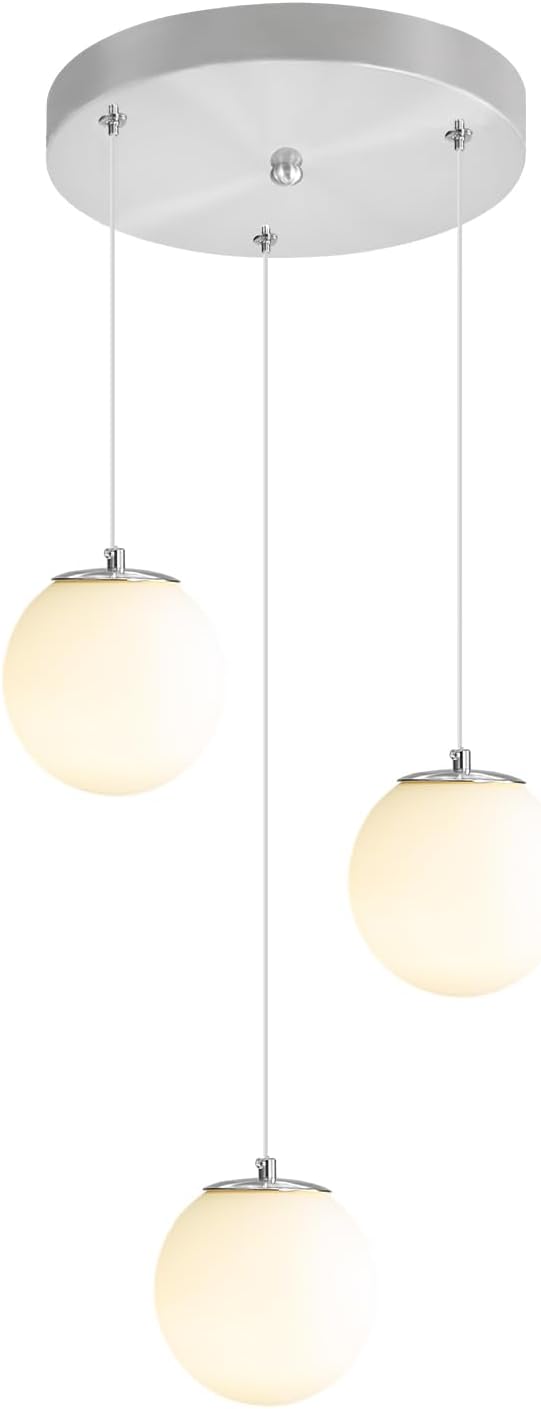 Globe Glass Pendant Light Modern Silver White Globe Glass Chandelier Mid Century Chandelier 3-Light Hanging Fixture for Kitchen Island Foyer Hallway Dining Room