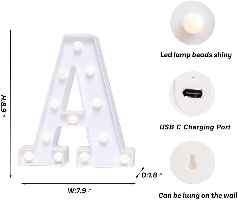 Foaky Rechargeable LED Letter Lights Sign Marquee Light Up Letters Sign for Night Light Wedding/Birthday Party Christmas Lamp Home Bar Decoration (A)