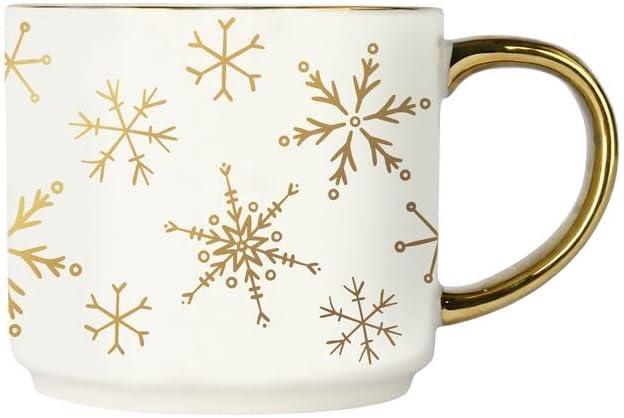 Sweet Water Decor Gold Snowflake Coffee Mug, 14oz China Christmas Mug with Gold Handle, Large Holiday Winter Cup for Coffee, Tea & Hot Chocolate, Stocking Stuffer Gifts for Women