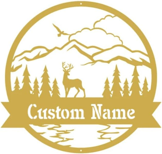 RealSteel Personalized Outdoor Metal Sign, Customize the Great Outdoor Deer & Mountain Monogram, Rustic Cabin, Lodge, or Home Décor, Laser Cut Steel Wall Art, Family Gifts