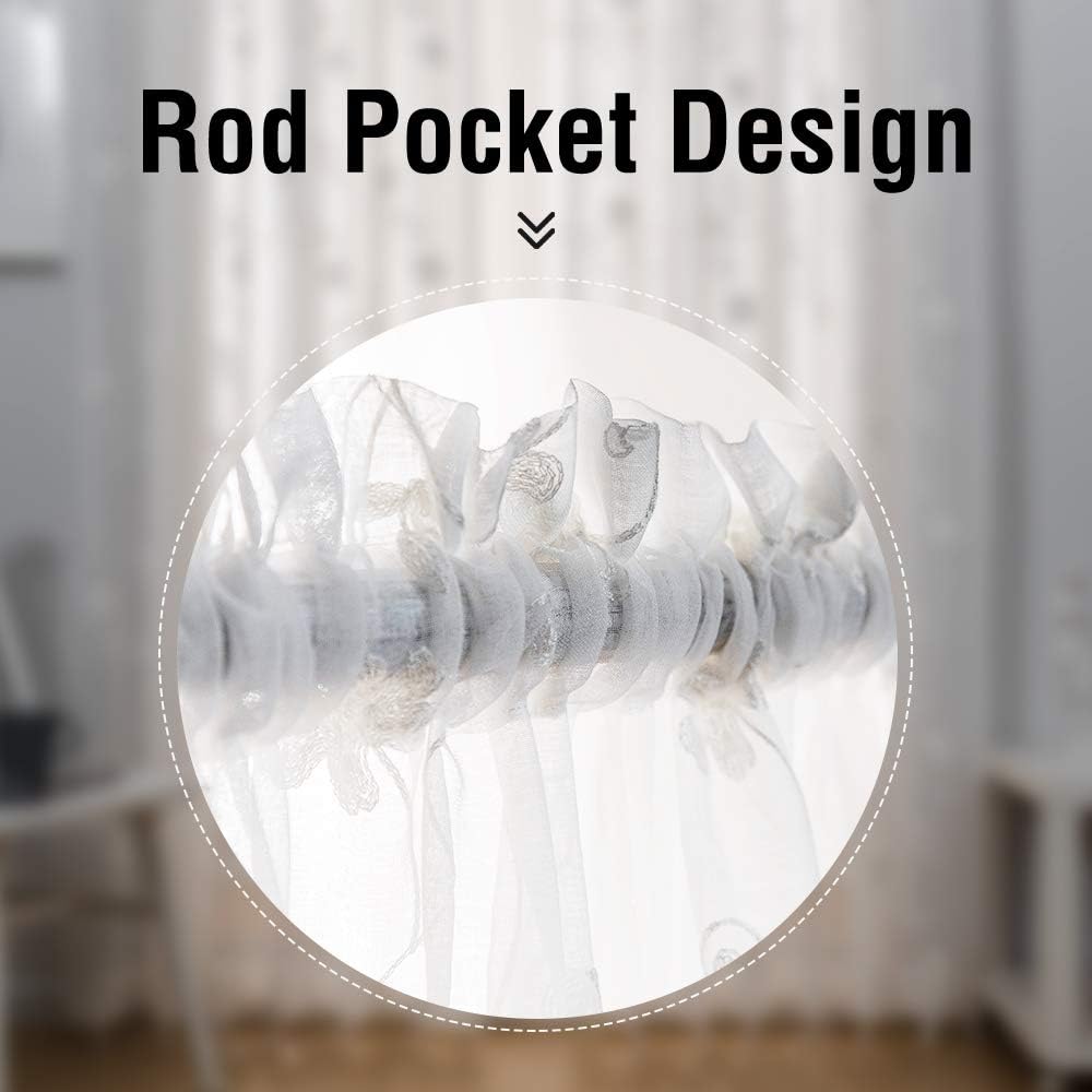 Floral Embroidery Sheer Curtains White 63 Inch Length, Rod Pocket Voile Drapes for Living room, Bedroom, Window Treatments Semi Crinkle Curtain Panels for Yard, Patio, Villa, Set of 2, 52"x 63".