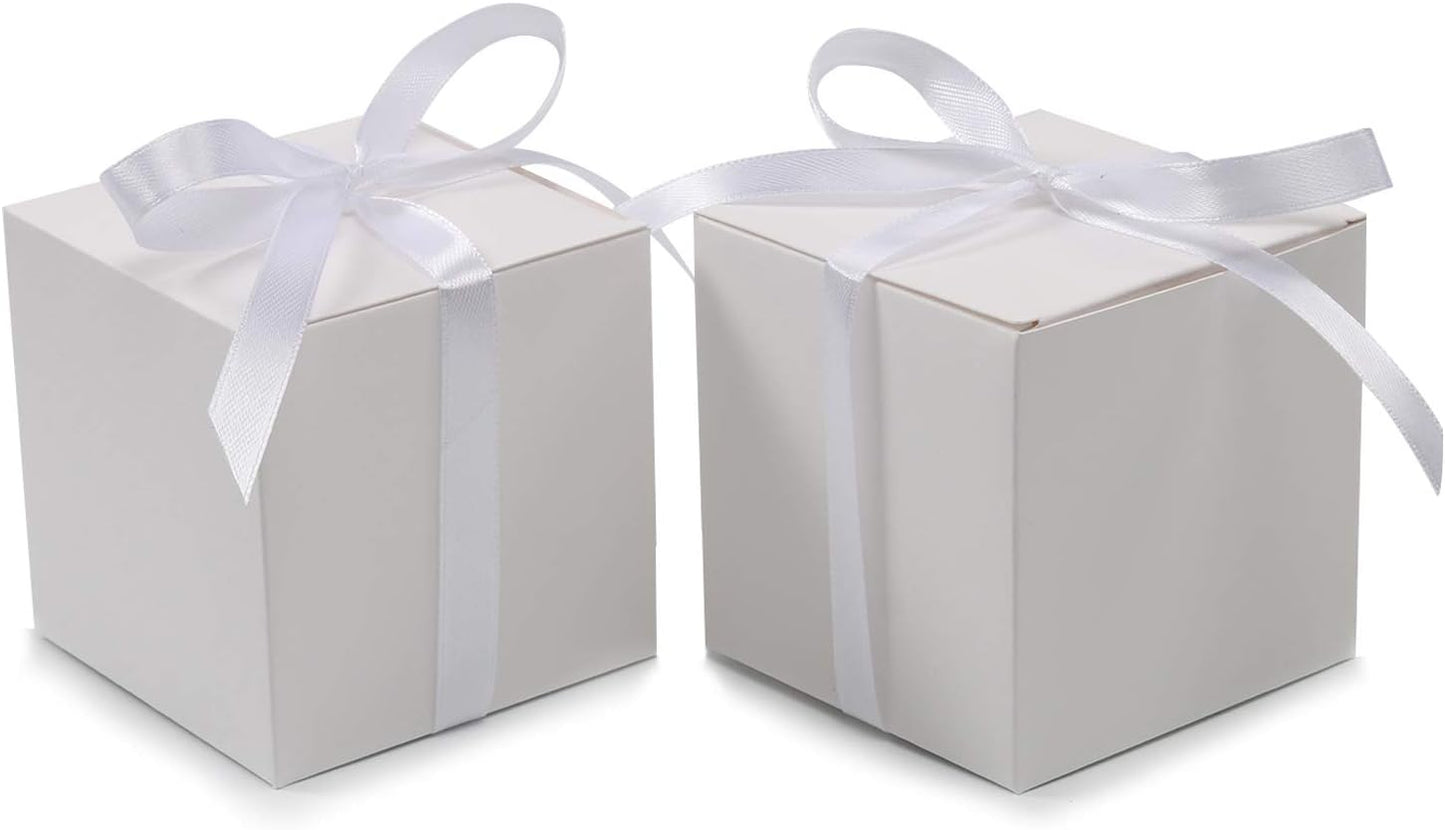 COTOPHER 100pcs Wedding Favor Boxes, Paper Gift Boxes 3x3x3 Inches Small Gift Boxes with Ribbons Small Boxes for Gifts, Crafting, Cupcake, Candy, Bridesmaid Proposal Boxes，Easy Assemble Boxes (White)