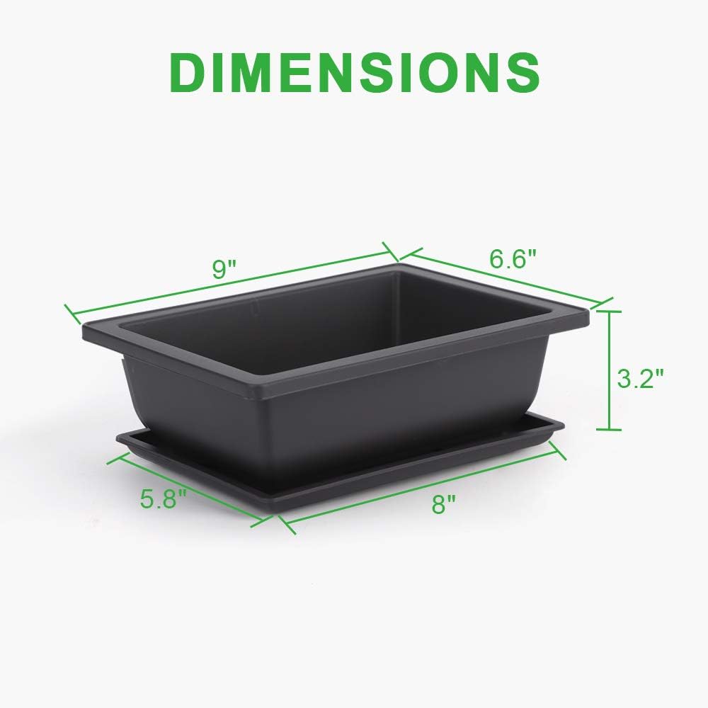 GROWNEER 6 Pack 9 Inch Bonsai Pots with Drainage Humidity Trays, Bonsai Tree Training Kits with 1 Repotting Mat, Rectangle Planter Plants Container Growing Pot for Garden Outside Indoor