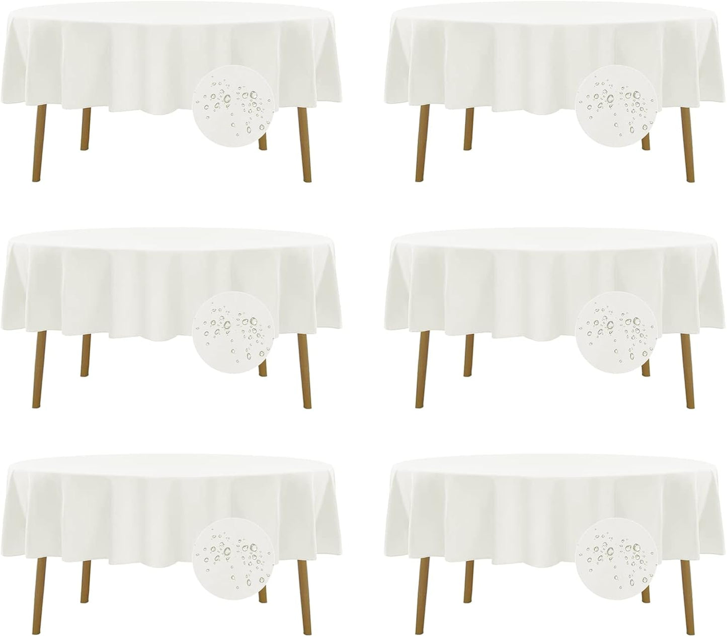 Fokitut 6 Pack Waterproof Round Tablecloth, 90 Inch, Stain Resistant and Wrinkle Polyester Table Cloth, Fabric Table Cover for Kitchen Dining, Wedding, Party, Holiday Dinner-Ivory