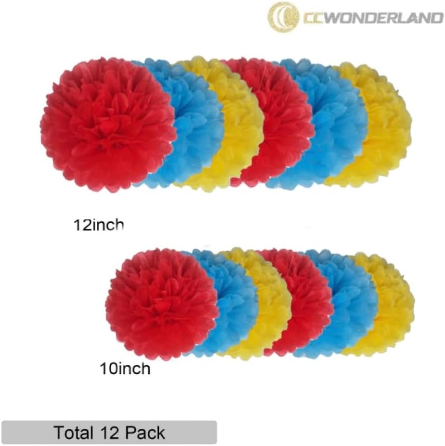 Blue Yellow Red Paper Pom Poms,Party Tissue Paper Flowers Balls,Party Hanging Decoration Supplies, Size of 10inch, 12inch, Pack of 12