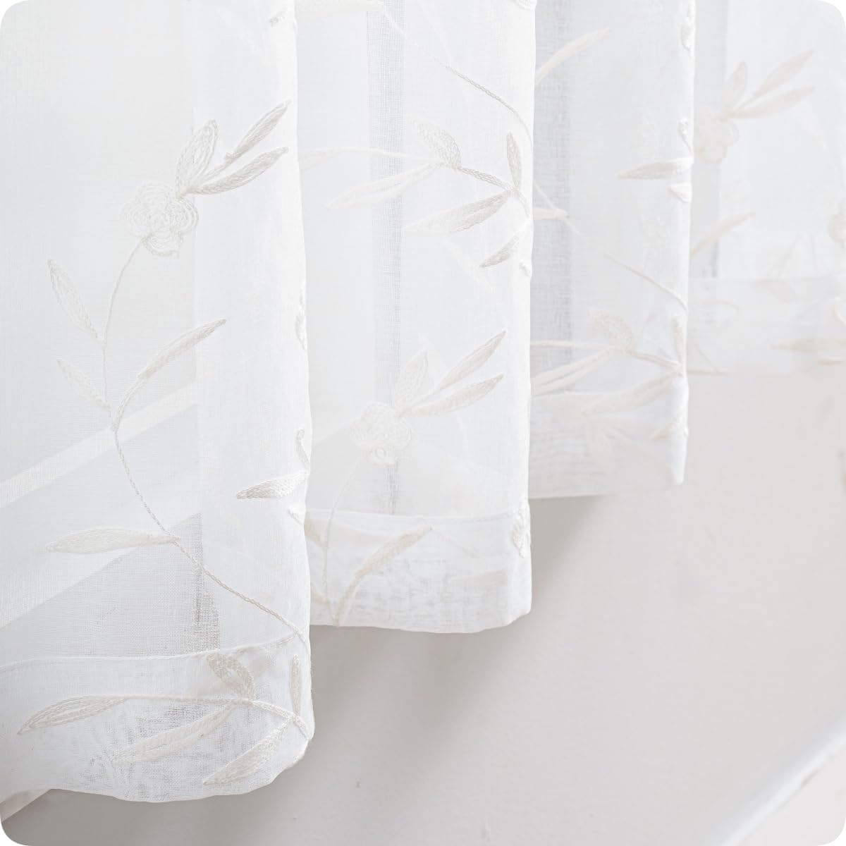 Sheer Curtains White 45 Inches Long Floral Embroidery Rod Pocket Voile Drapes for Living room, Bedroom, Window Treatments Semi Lace Outdoor Curtain Panels for Yard, Kitchen, Villa, Set of 2, 52"x 45".