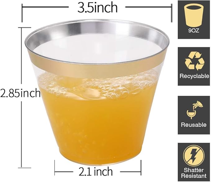 I00000 200 Pack Gold Plastic Cups, 9 Oz Elegant Clear Plastic Cups Gold Rimmed Disposable Wine Glasses Fancy Disposable Party Cup Wedding Cup Drinking Tumblers Cocktail Glasses Perfect for Party
