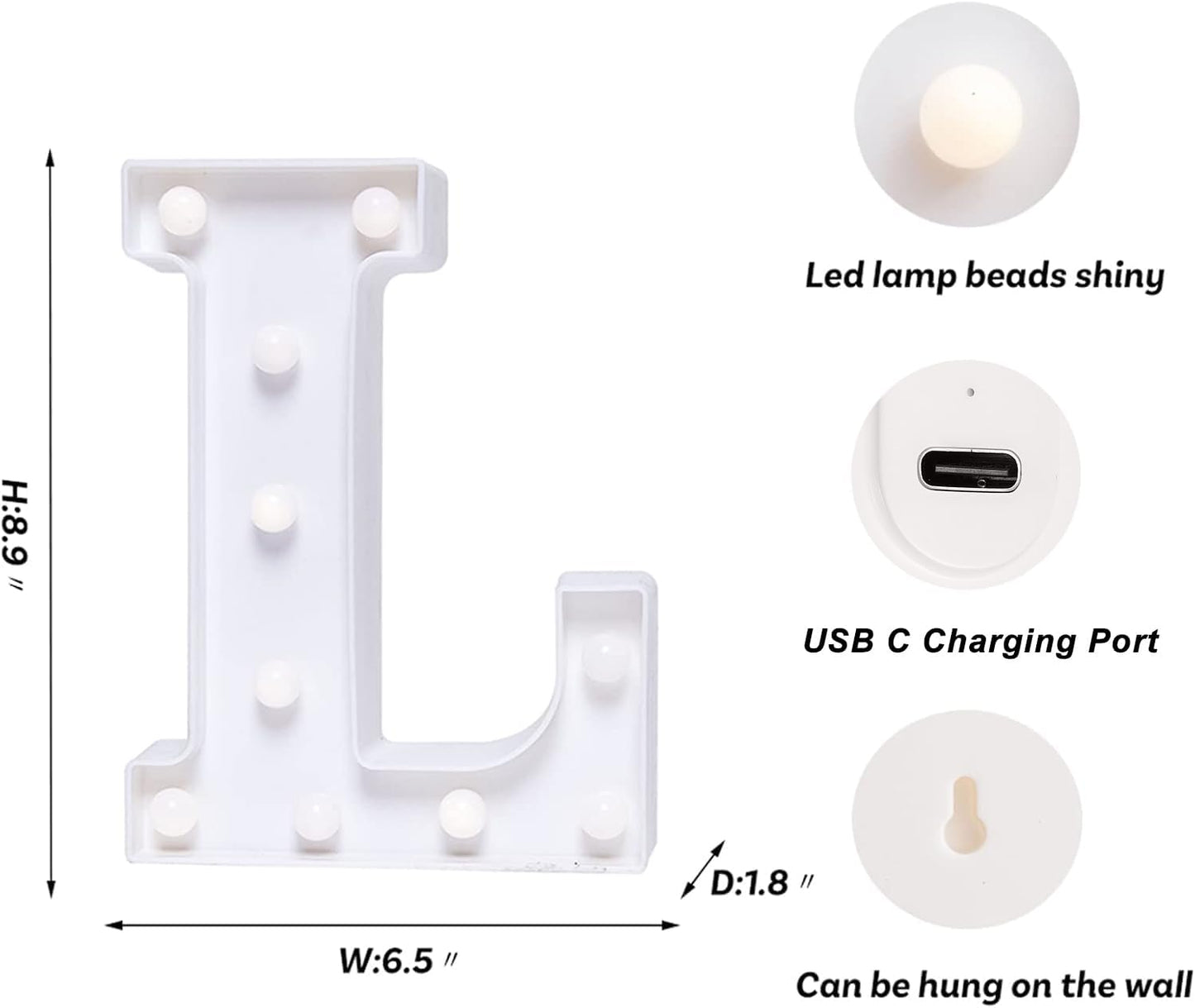 Foaky Rechargeable LED Letter Lights Sign Marquee Light Up Letters Sign for Night Light Wedding/Birthday Party Christmas Lamp Home Bar Decoration (L)
