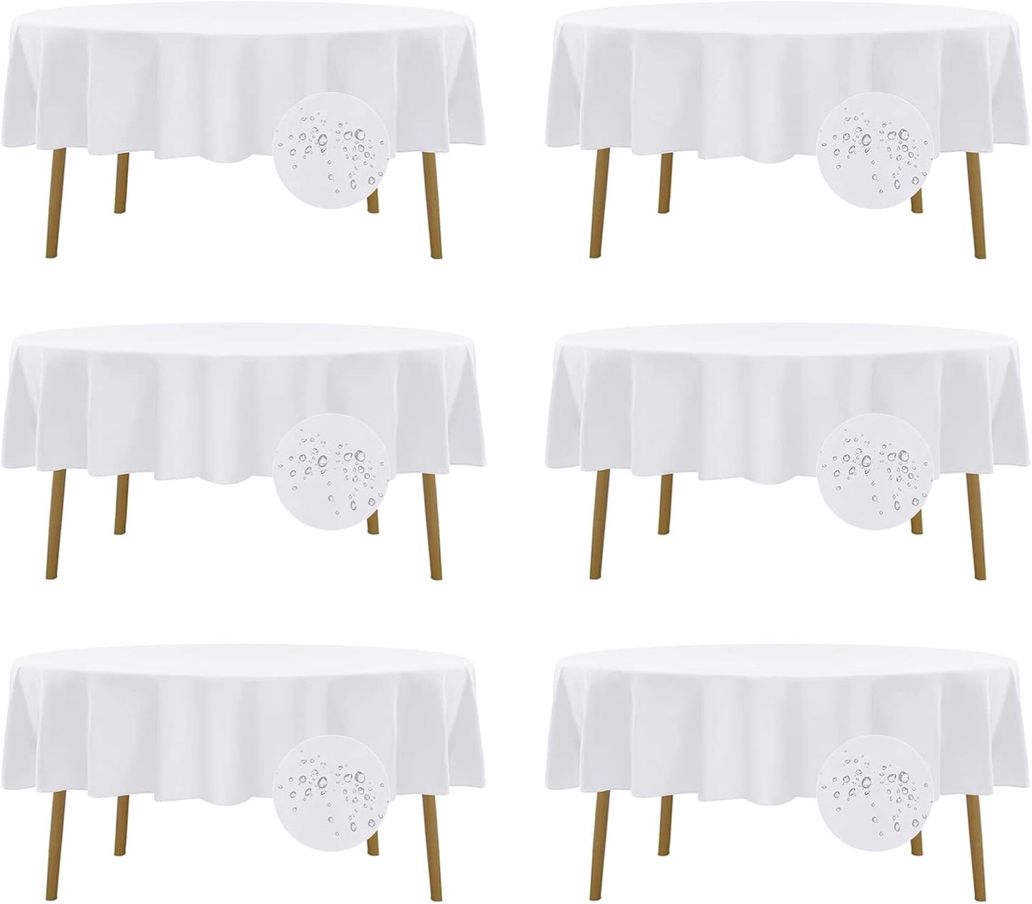 Fokitut 6 Pack Waterproof Round Tablecloth, 70 Inch, Stain Resistant and Wrinkle Polyester Table Cloth, Fabric Table Cover for Kitchen Dining, Wedding, Party, Holiday Dinner-White