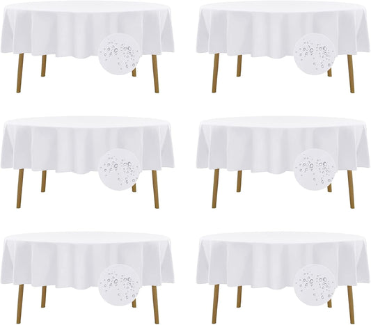Fokitut 6 Pack Waterproof Round Tablecloth, 90 Inch, Stain Resistant and Wrinkle Polyester Table Cloth, Fabric Table Cover for Kitchen Dining, Wedding, Party, Holiday Dinner-White
