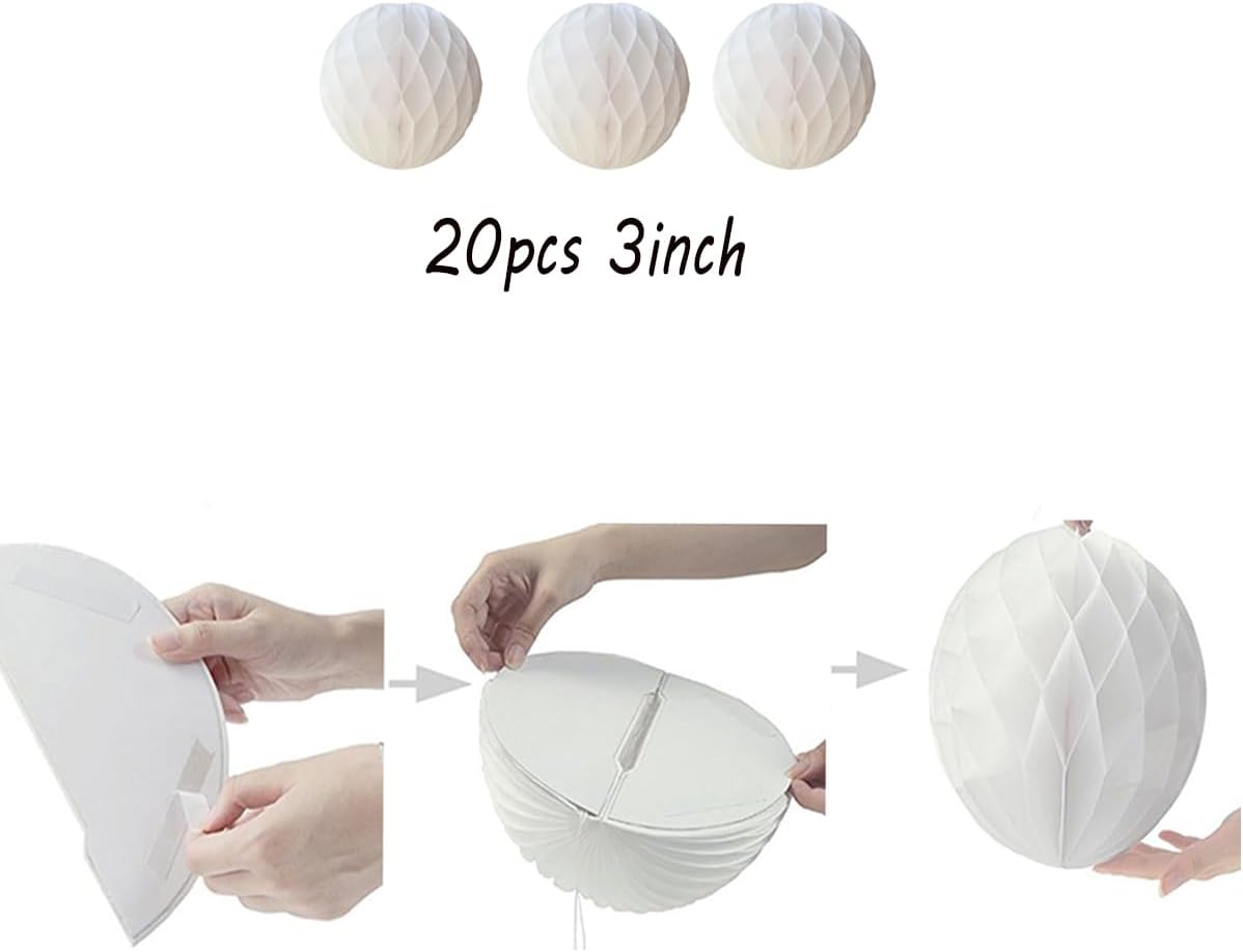 20pcs Honeycomb Flower Balls - Party Decor, Tissue Paper Pom Poms for Birthday, Wedding & Home (3inch, White)