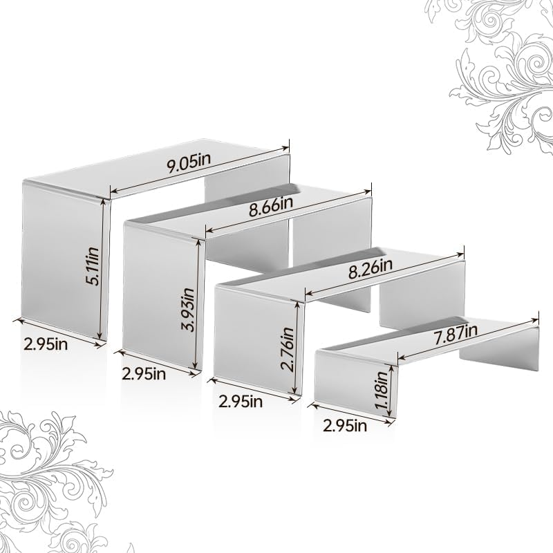 4 Pcs Silver Stainless Steel Display Risers, Display Stand for Display Cupcake Dessert Perfume Purse Handbag Shoe Jewelry and Funko Pop