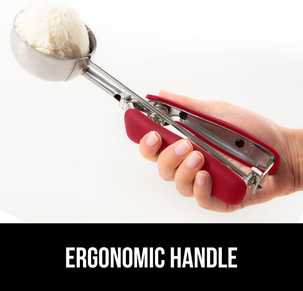 GORILLA GRIP Stainless Steel Cookie Scoop for Baking, 2 TBSP, Multipurpose Melon Baller, Meatball Spring Scoops, Perfect Portion Sizes, Easy Food Release, Scooper Size 40, BPA-Free Kitchen Tool, Red